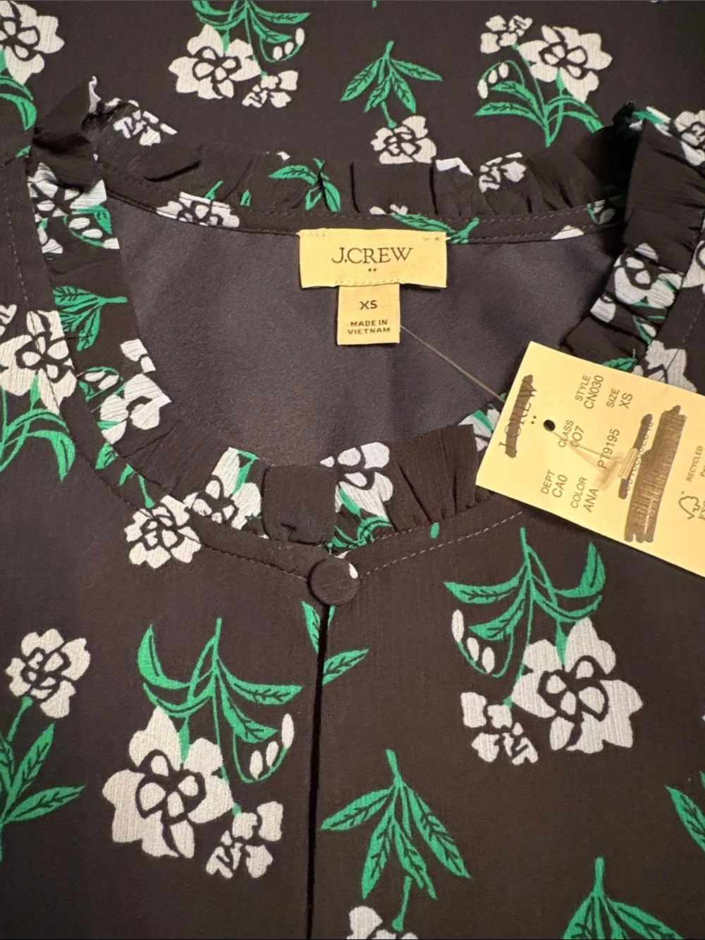 J Crew Factory women’s Short-sleeve printed ruffleneck top blue floral Sz XS NWT